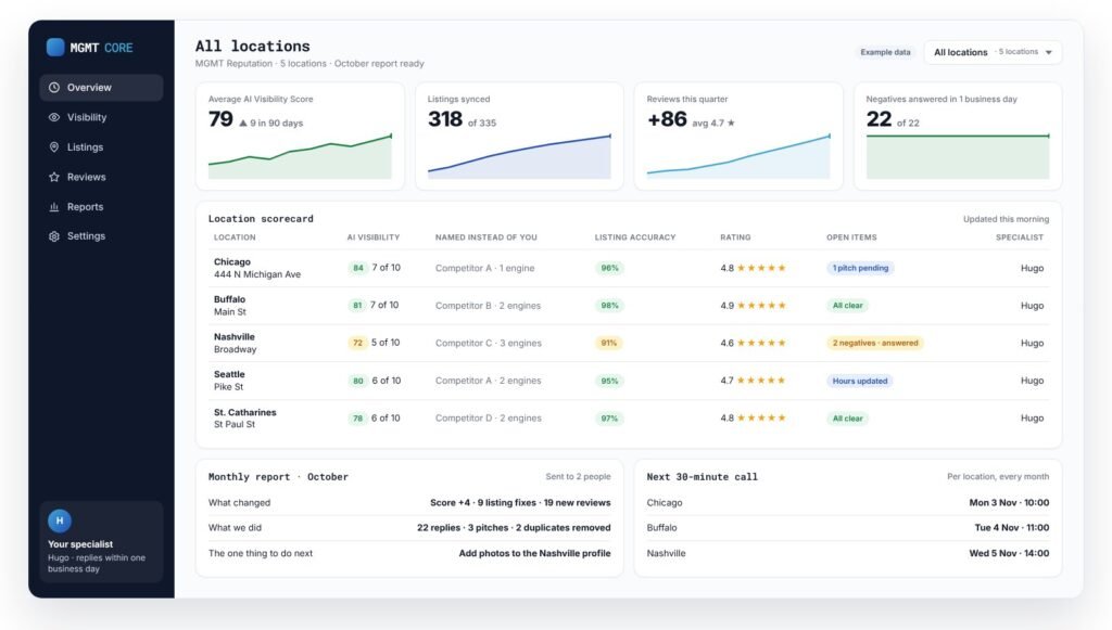 MGMT Core overview dashboard example: visibility score, listings accuracy and reviews for one location (example data)