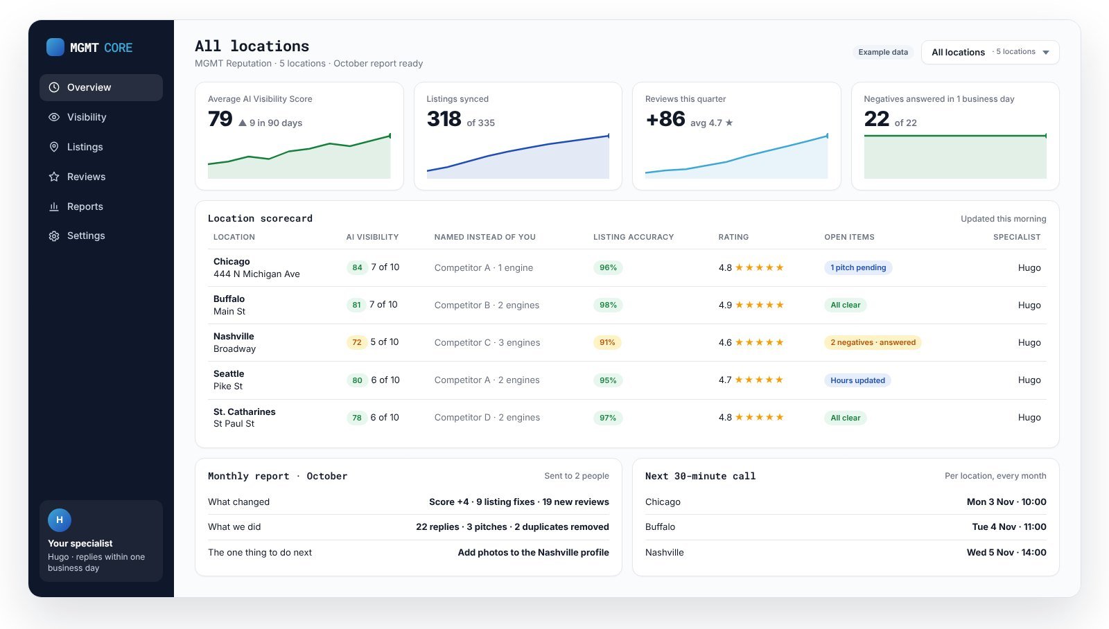 MGMT Core overview dashboard example: visibility score, listings accuracy and reviews for one location (example data)