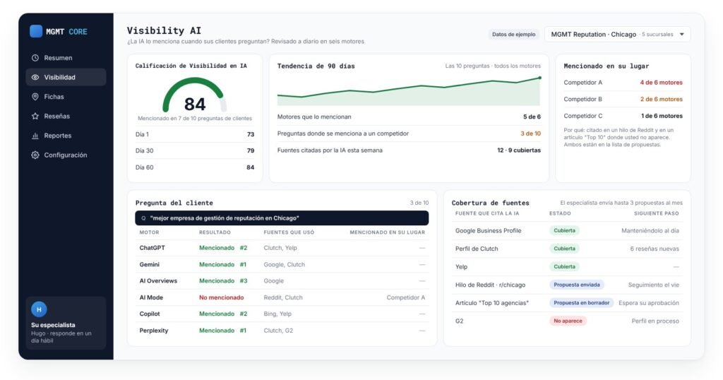 Ejemplo del tablero de Visibility AI: qué motores de IA nombran al negocio y en qué fuentes confían (datos de ejemplo)