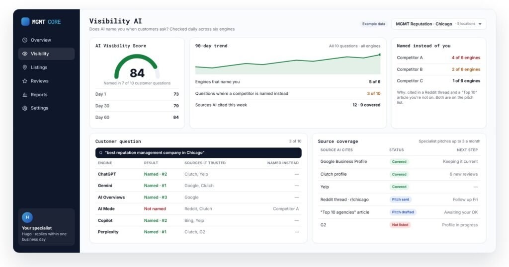 Visibility AI dashboard showing which AI engines name the business, who is named instead and which sources AI trusts (example data)